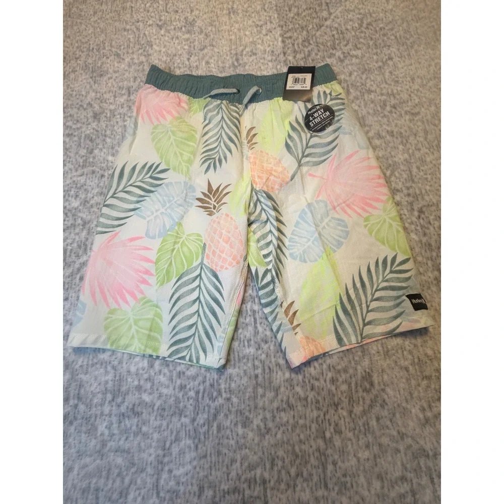 Hurley Kids Swim Trunks Shorts Tropical Pineapple‎ Palm Print Elastic Waist L